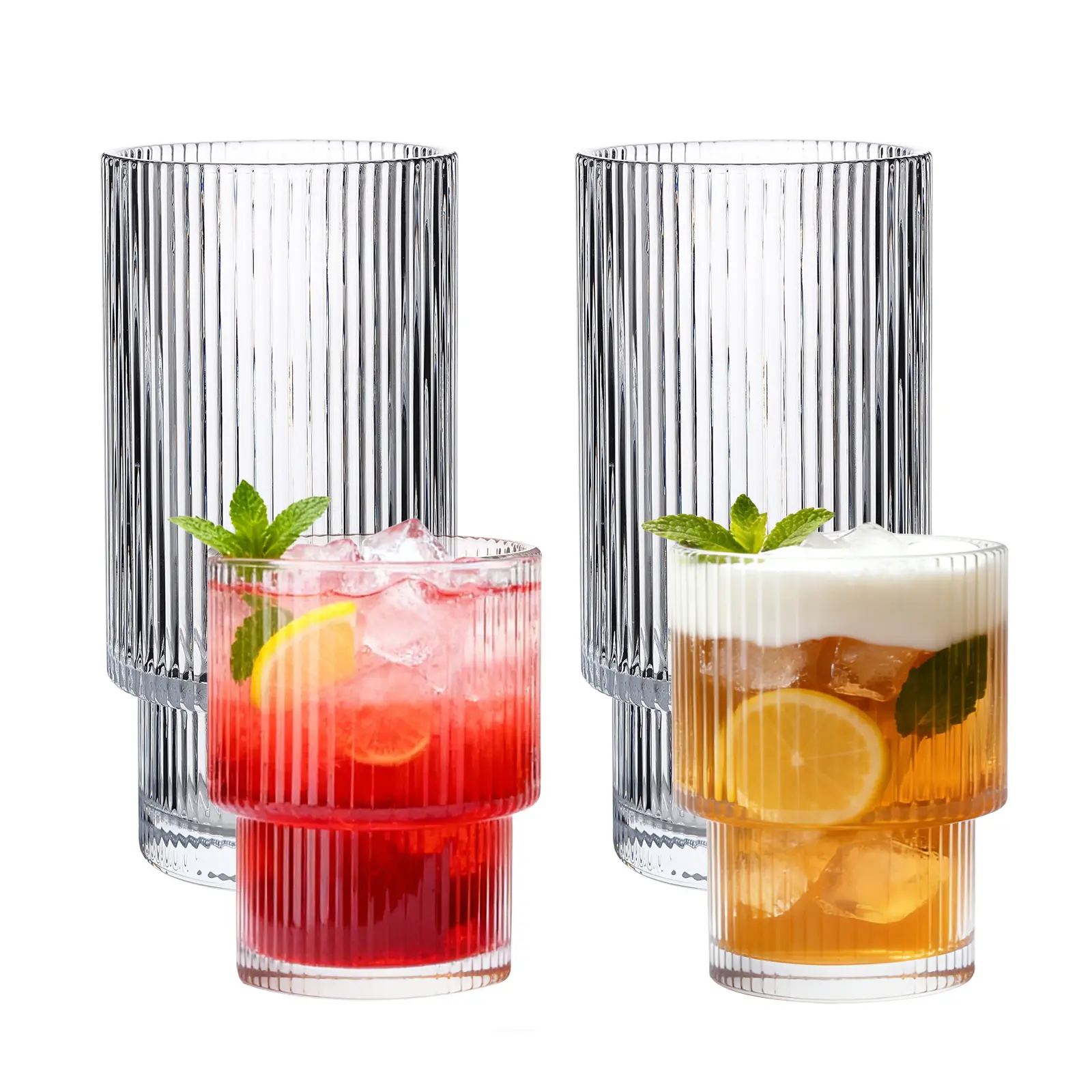 Ribbed Drinking Glasses Set of 4, Stackable Cute Kitchen Glasses Cups 16oz and 7oz Iced Coffee Glasses cocktail Glass cup for Water, Beverage, Whiskey
