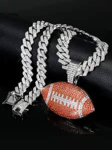Hip Hop Rugby Pendant Necklace, Iced Out Cuban Link Chain Jewelry for Men & Women, Sparkling Blingbling Punk Style Accessory, Bling Stylish Accessory