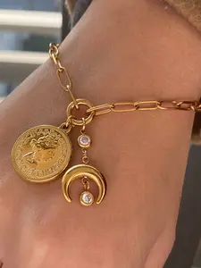 Ladies' Niche 18k Gold Stainless Steel Anti-Allergy Coin Accessory, Moon-Set Zircon Cup Bracelet, Trendy Accessory for Parties, Fashion Bracelets, Elegant Jewelry Bracelet