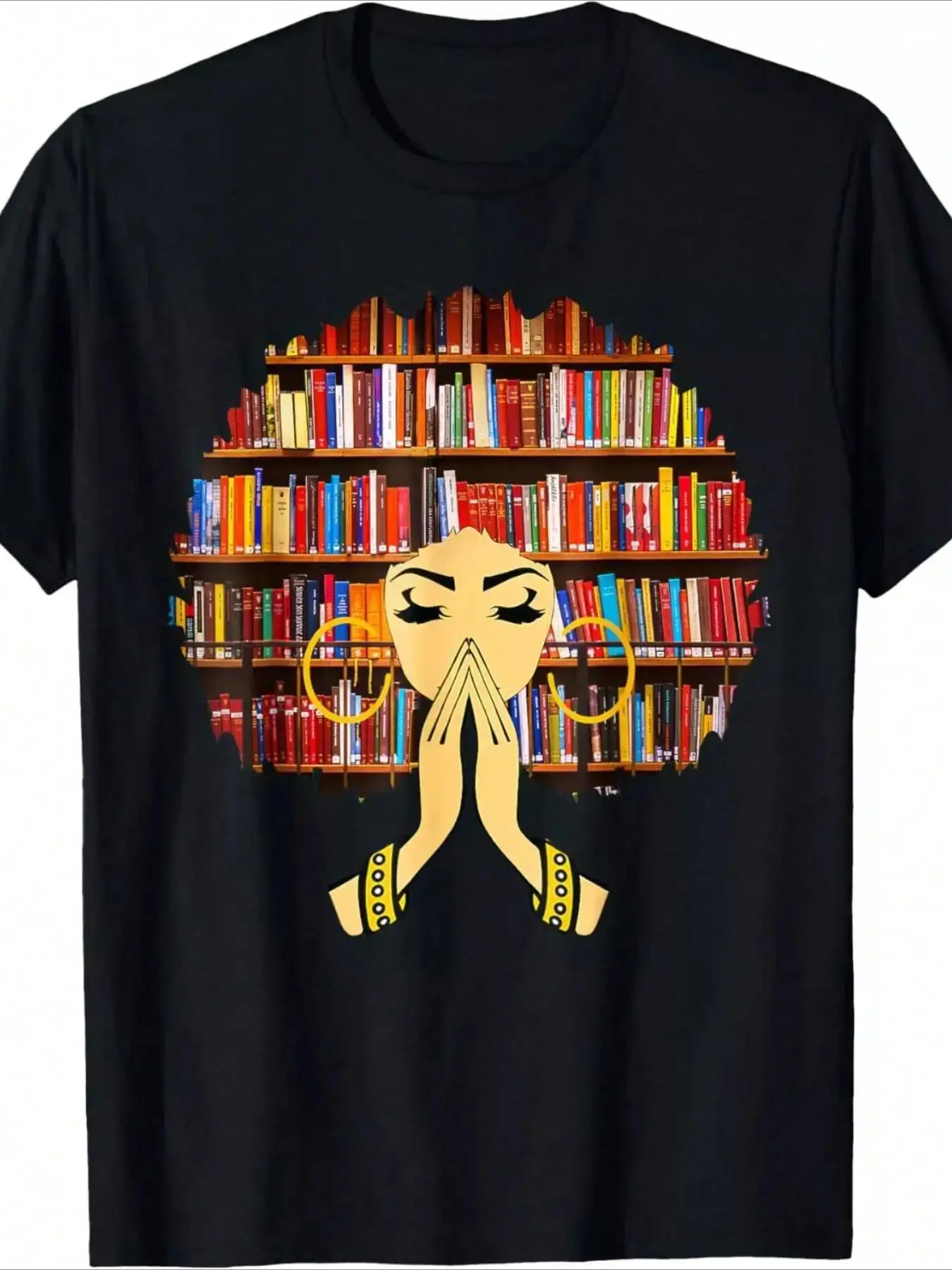 Men's 220g Heavy Cotton Short-Sleeve Casual T-Shirt, Round Neck Printed Fabric, Magic Afro Book Love Literacy Librarian Design, 1 Pc, Shortsleeve, Tshirt