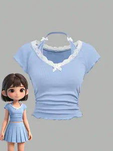 Teenage Girl Sweet Lace Splicing Short Sleeve Top, Light Blue Ribbed Knit Slim Fit Shirt, Cute Tee Tops, Bow Accent Wooden Trim Underwear