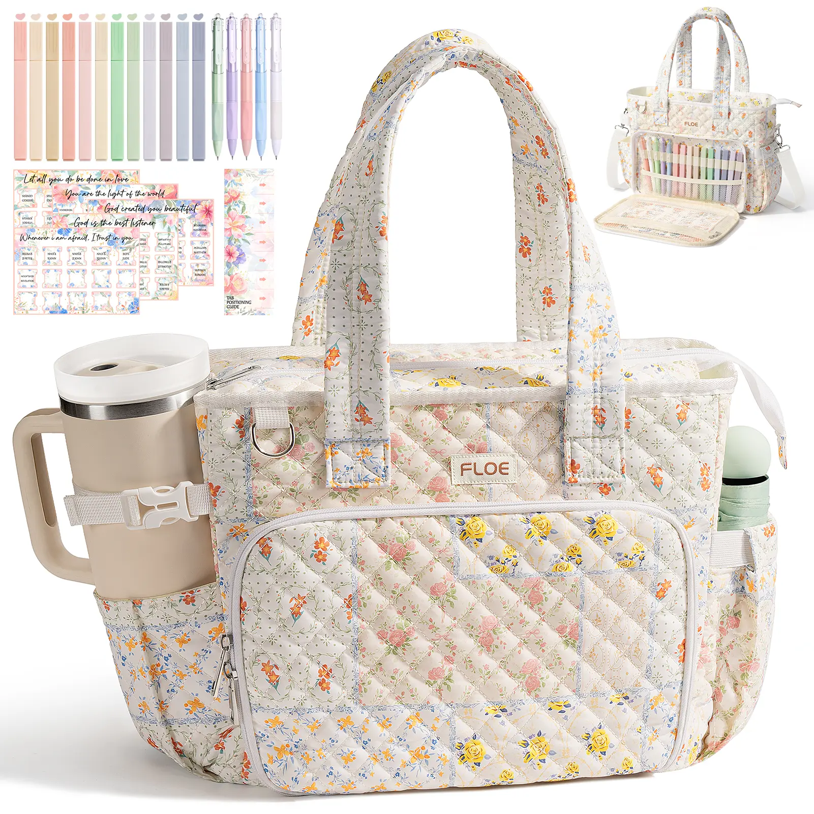 FLOE Large Bible Bag for Women Bible Cover Case, Quilted Puffer Bible Tote Bag Church Bag w/Shoulder Strap, Bible Study Supplies Journaling Kit Accessories Mothers Day Easter Christian Gifts for Women Mom,dorm essentials,home decor