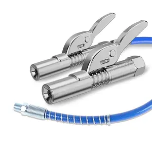Grease Gun Coupler, 2 Counts Strong Lock on Greases Gun Couplers, Quick Release Grease Coupler with Spring Flex Hose, Compatible with All Grease Guns
