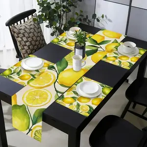 1 piece/5 pieces/7 pieces lemon watercolor kitchen pattern decoration tablecloth and placemat set, Kitchen Decorative Placemat, kitchen and dining table decoration, suitable for holiday themes, daily meals, indoor and outdoor family gatherings