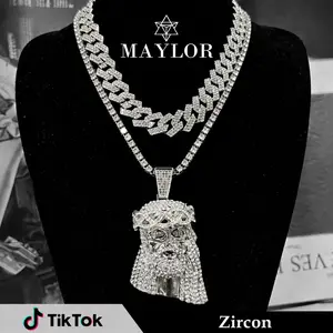 Hip Hop Jesus Pendant Necklace for Men Women, Iced Out Diamond Look Cuban Chain, Full Rhinestone Punk Necklace, Rapper Fashion Jewelry Gift