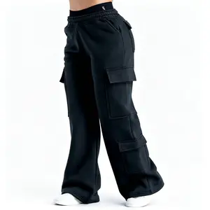 DFYNE Women's Oversized Cargo Sweatpants - High Waist Wide Leg Streetwear Joggers with Multi Pockets,Straight-leg trendy sports pants, cargo pocket wide-leg pants, street style loose floor-length trousers