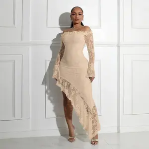 Women’s Formal Beige Lace Off-Shoulder Dress, Long Sleeves, Asymmetrical Ruffled Hem – Wedding Guest Dresses