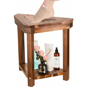 Shower Foot Rest 15 in, Acacia Shower Stool for Shaving Legs,Corner Bath Shower Bench with Starage Shelf for Inside Small Shower Spaces