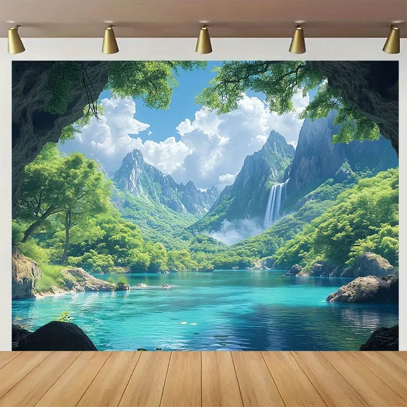 1pc Polyester Tropical Print Tapestry Wall Mural - Extra Large 1-Piece Decor with Waterfall, Lush Greenery, Turquoise Waters - No Installation Needed, Easy-Hang for Living Room, Anniversary Backdrop