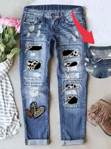 Women’s Mid-Waist Patch Ripped Boyfriend Distressed Stretch Waistband Cute Unique Print Fitted Denim Jeans Comfy for All Seasons
