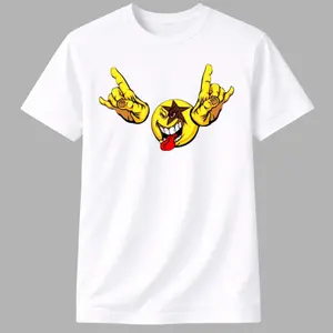 Menswear Short-Sleeve T-Shirt, Edgy Rock On Smiley Face Top with Devil Emoji Tongue-Out Digital Print, Bold Meme Aesthetic Streetwear by Ms. Lauren Charles Design