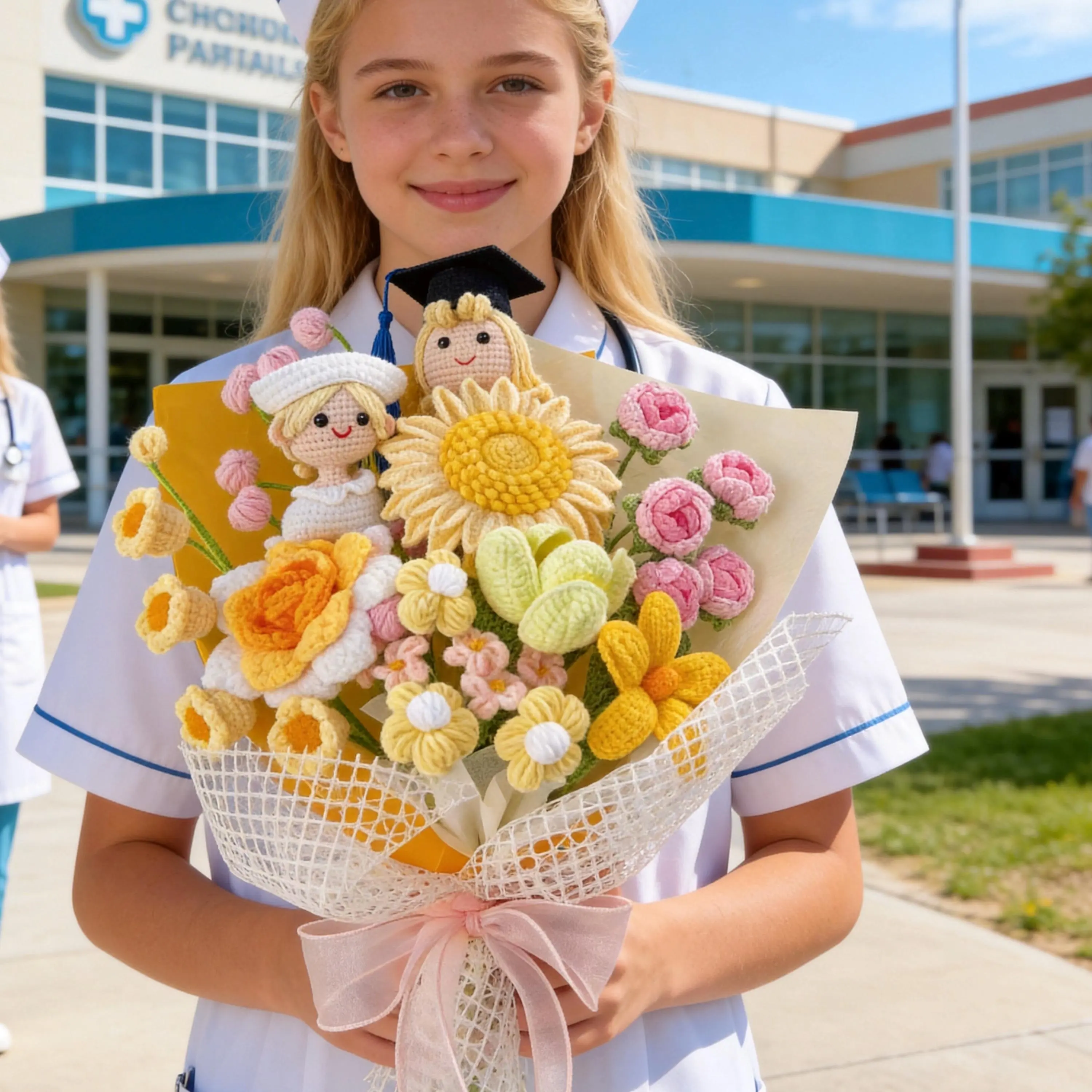 Handmade Crochet Nurse Graduation Bouquet, Personalized Nursing Pinning Ceremony Gift, Class of 2026 Flowers
