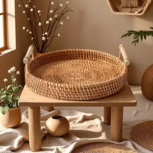 Handcrafted Woven Rattan Tray for Heat Protection, Versatile Storage Basket and Heat Pad, Elegant Minimalist Design Home Decor
