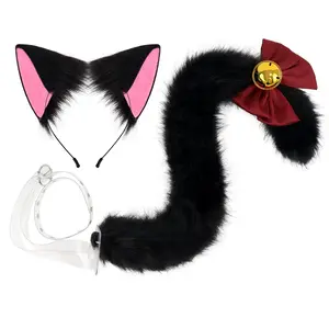 F Furry Fluffy Neko Costume Set Cat Ears Headband Tail with Bell for Cosplay Furry Fans, Perfect for Halloween Parties and Role-Playing Games