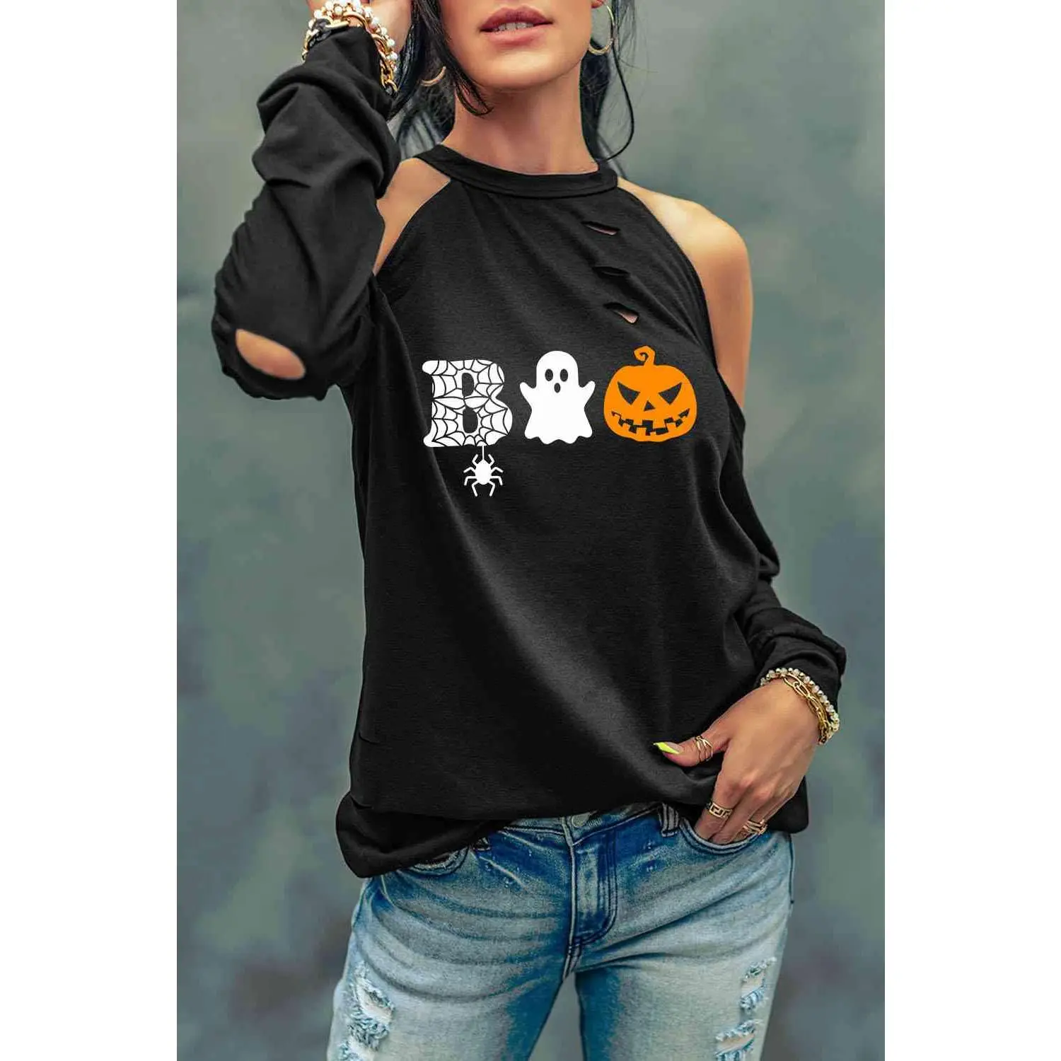 Cold Shoulder Boo Graphic Distressed Blouse