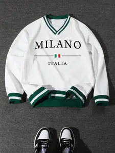 Campus Style Colorblock Round Neck Pullover Sweatshirt, Long Sleeve, Letter Print, Casual Loose Fit, Comfortable Daily Wear, Men's Basic Wardrobe Item