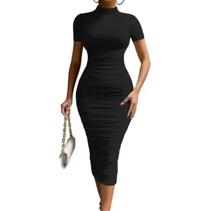 OYS Women's Elegant Bodycon High Neck Short Sleeve Ruched Midi Formal Cocktail Dress Polyester Mesh Back Zipper