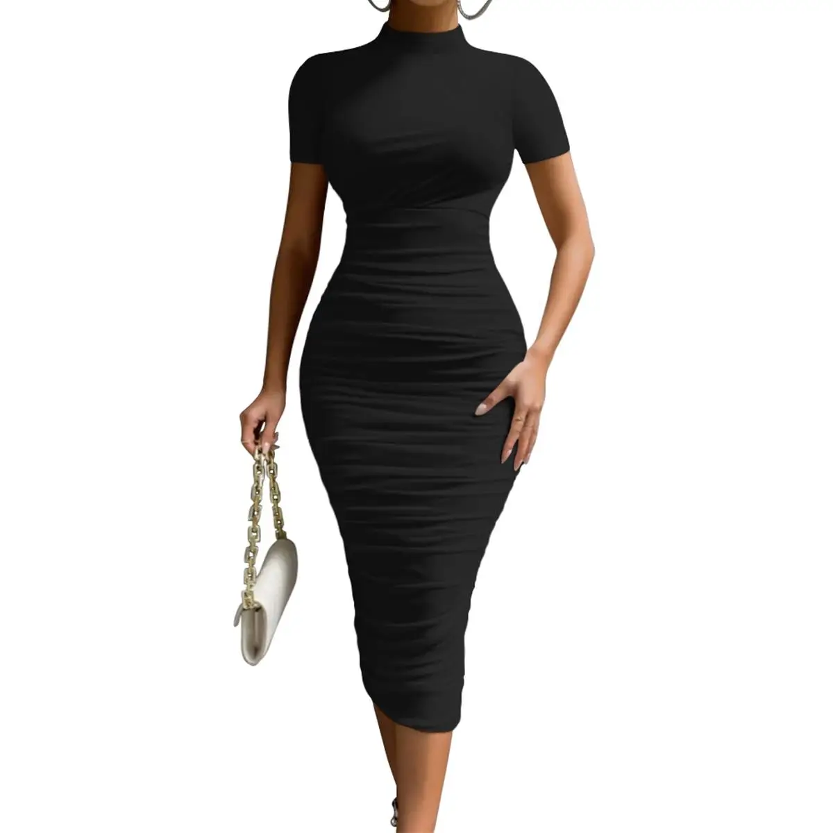OYS Women's Elegant Bodycon High Neck Short Sleeve Ruched Midi Formal Cocktail Dress Polyester Mesh Back Zipper