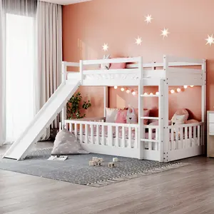 Twin Over Twin Low Bunk Bed with Slide, Twin Size Floor Bunk Bed with Ladder and Guardrail, Wood Bunk Bed Frame for Kids Girls & Boys