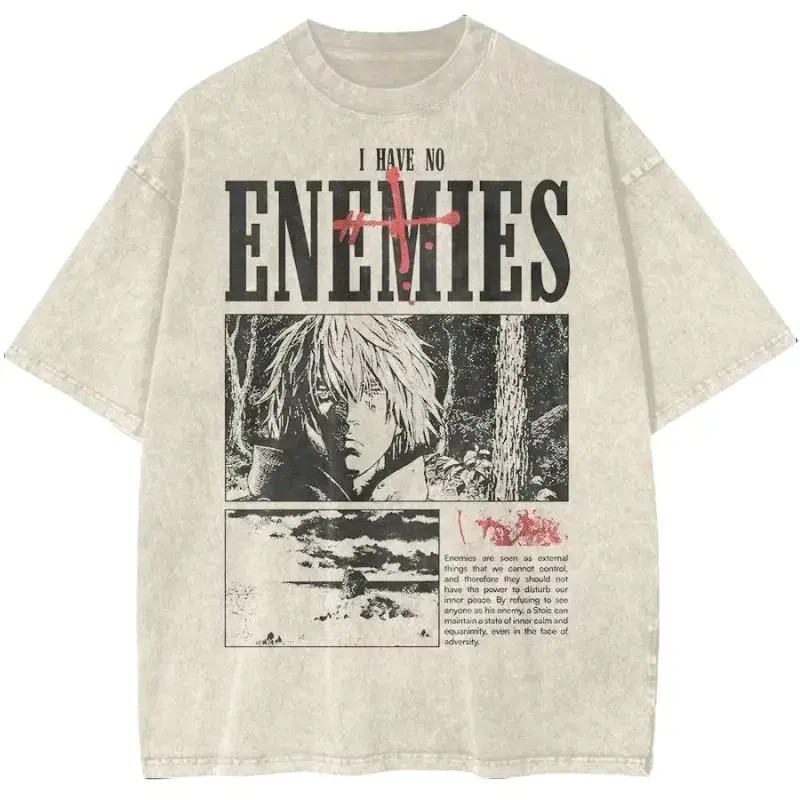 Unisex Vintage Acid Washed Garment Dyed 100% Cotton Crew Neck Graphic Tee, Apricot Thorfinn "I Have No Enemies" Print, Oversized Baggy Soft Casual Streetwear Top (Good Graphic Tees, Vintage Shirts)