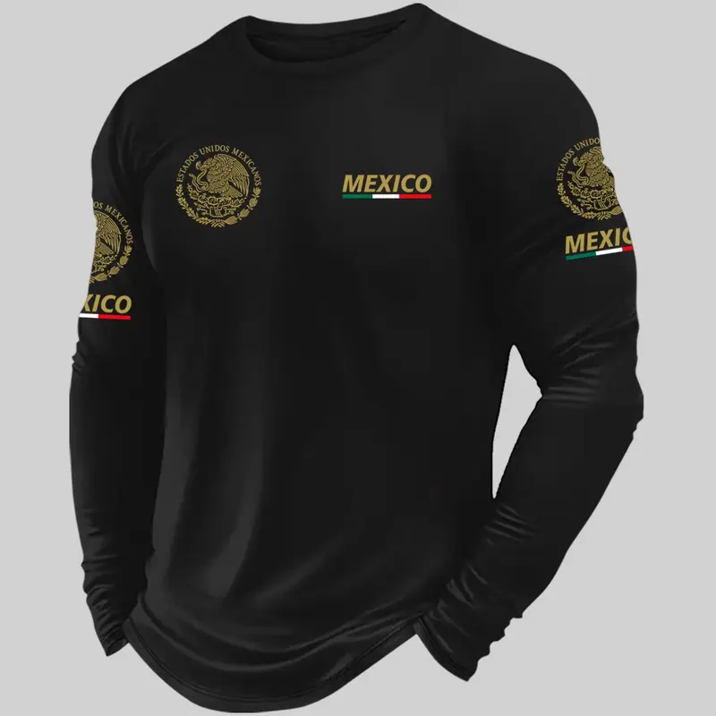Men's Mexico National Emblem and Flag Print Compression Long-Sleeve T-Shirt, Slim-Fit Breathable Athletic Top for Casual and Sports Wear, Sports Apparel, Fashion Activewear, Athletic Clothes