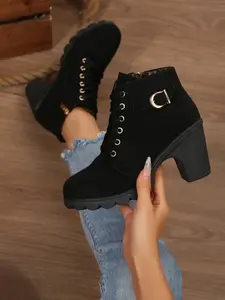 Women's Round Toe High Heel Thick Sole Boots, Side Zipper with Metal Buckle Design, Fashion Short Boot for Outdoor & Commuting, Casual Boots