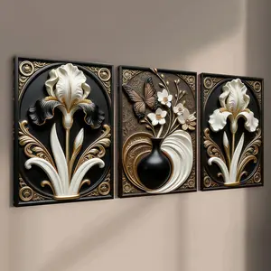 3-count wooden frame canvas, light luxury style black and gold floral art poster, Vintage Flower Print, retro style decoration, fashionable family poster, modern living room decoration, suitable for corridor and bedroom walls, waterproof art