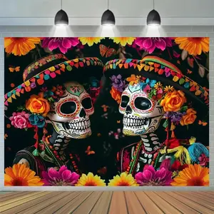 1pc Polyester 2D Flat Backdrop, 152.4*91.44cm/152.4*213.36cm, Day of the Dead Sugar Skeleton & Marigold Design, Mexican Holiday Decor Ornaments for Birthday Parties, Photo Booth Props