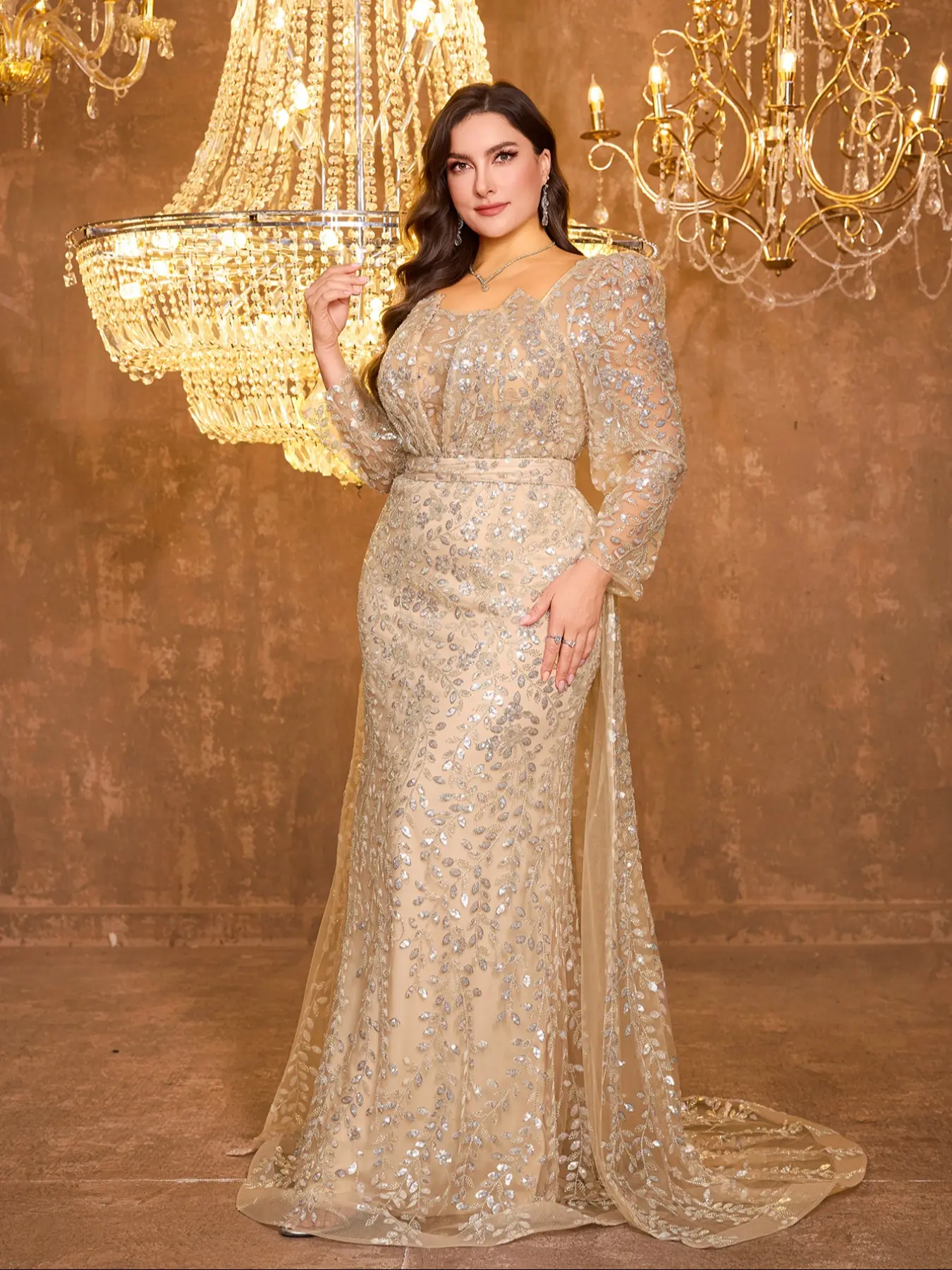 Elegant Long Sleeve Heart Neckline Dress, Rhinestone Decorated Sequined Evening Gown, Random Cut Design, Perfect for Special Occasions, Formal