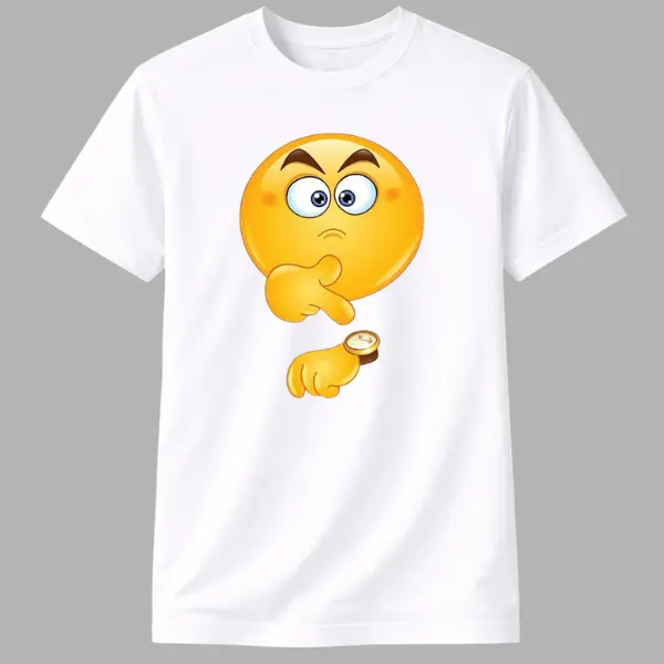 Ms. Lauren Charles Design Men's Cotton Casual Short-Sleeve Round Neck Tee - Funny Thinking Smiley Face, Watch-Pointing Waiting Emoji Cartoon Style Digital Print, Funky Streetwear All-Season Menswear Top, Funky T-Shirts, All Seasons
