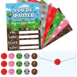 30 Sets Pixel Birthday Party Invitations with Envelopes Sticker Video Game Party Invites Card for Kids Boys Pixel Theme Favors