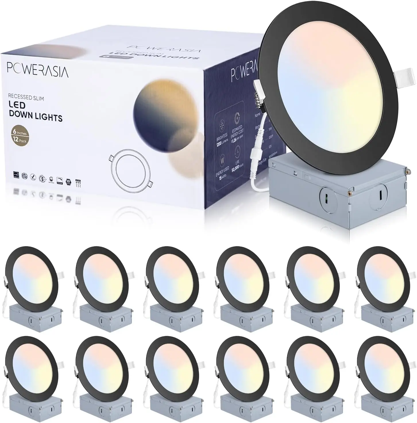 POWERASIA 6 Inch 5CCT Black LED Recessed Lighting, Dimmable Panel Pin Light Ceiling, Lights Downlight For Bedroom,Living,Read,Corridor