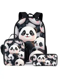 Panda printed backpack three piece set includes lunch bag and pencil case