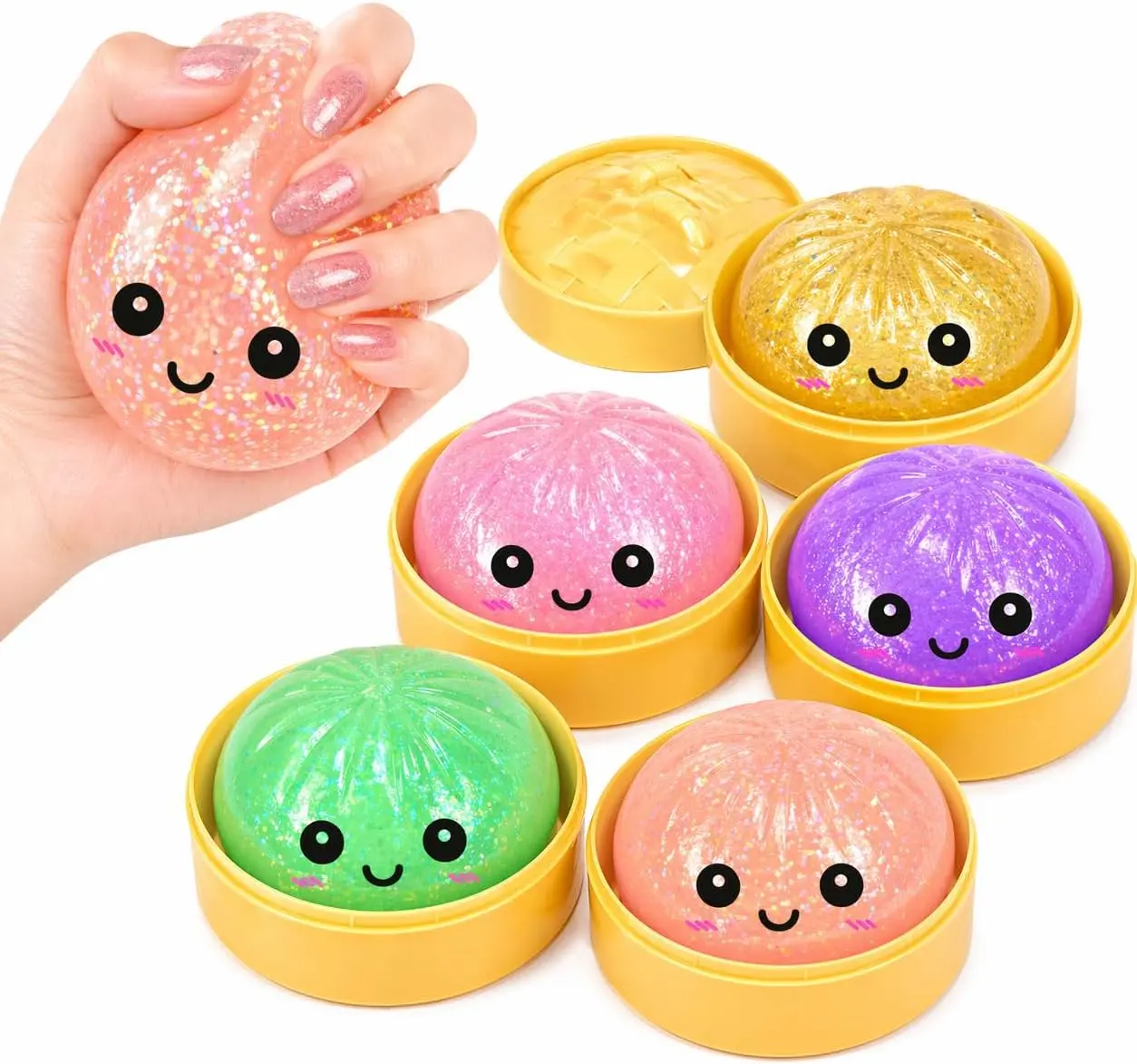 2026 New Glitter Dumpling Squishy with Steamer Box, Party Gift,Soft Sensory Fidget Steamed Bun Squeeze Tool for Adult Stress & Anxiety Relief,3.15 inches in Diameter Cute Office Desk Decor and Relaxing Accessory 1 Box