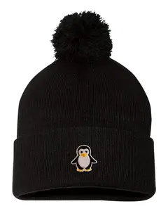 Penguin Embroidered Knit Beanie Pom Cap