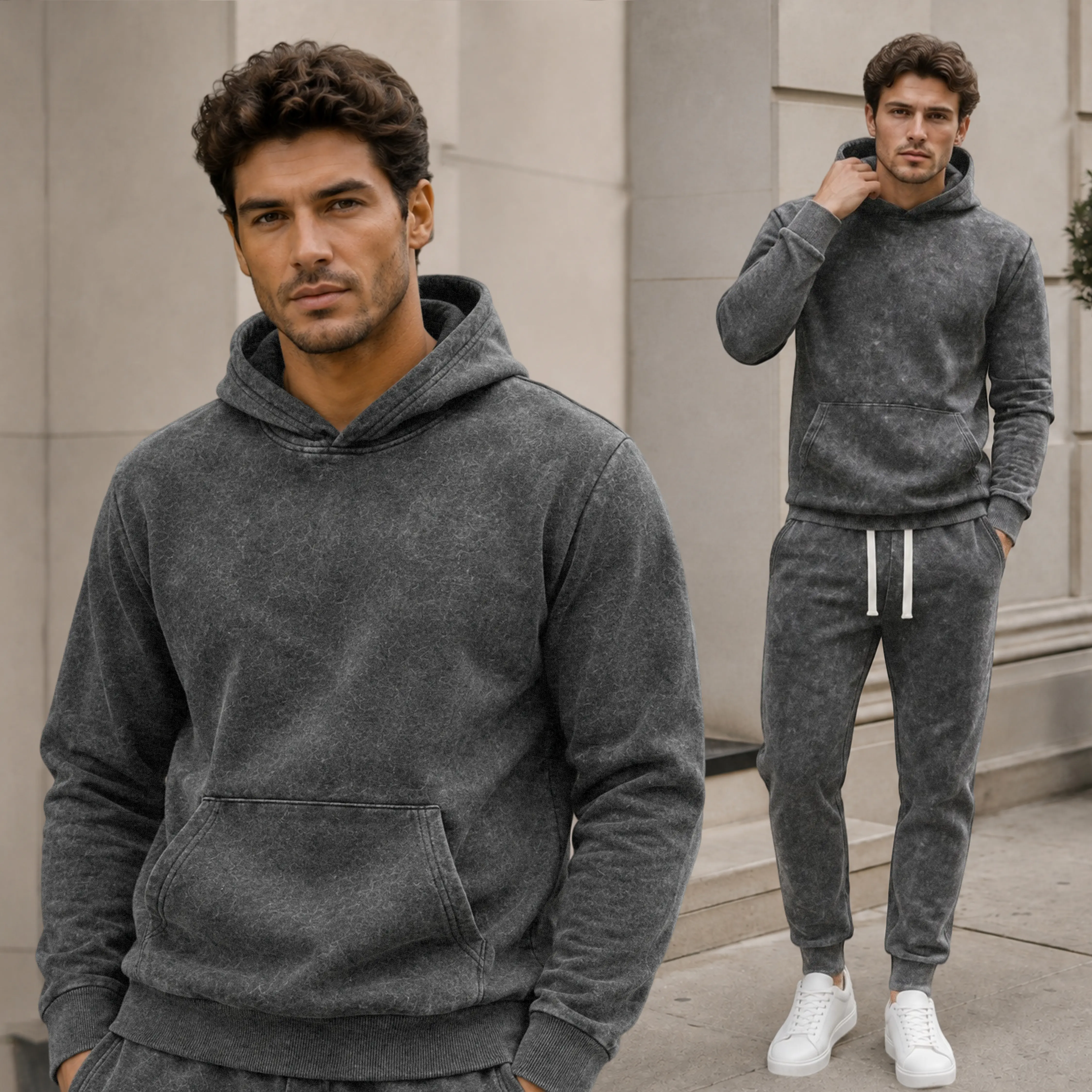 Men's 2-Piece Vintage Washed Acid Wash Drawstring Hoodie & Jogger Set - Soft Breathable Cotton Blend French Terry Long Sleeve Relaxed Streetwear Tracksuit, Charcoal Grey, Fall Winter Casual Lounge Outfit, Gift for Boyfriend