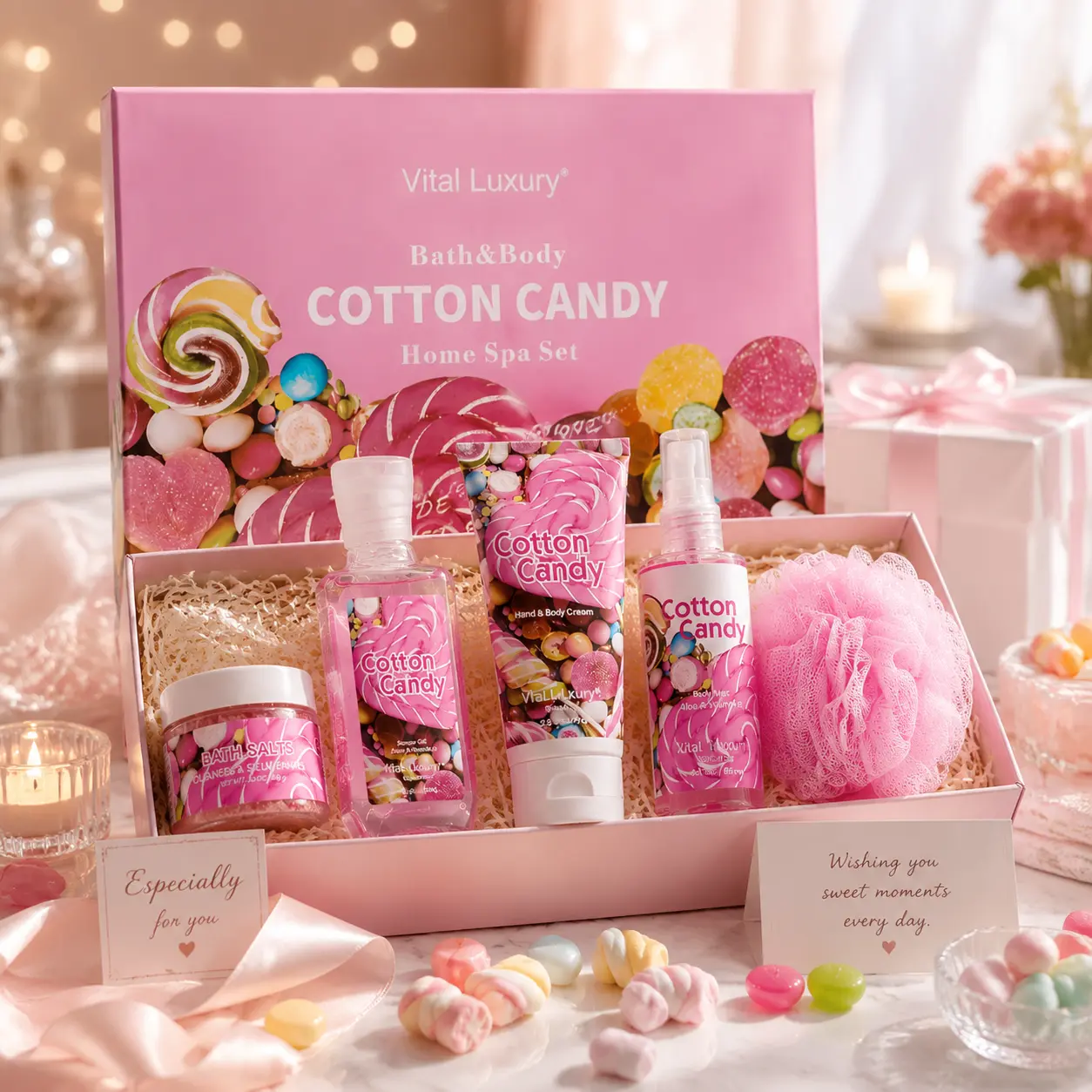 [5-Piece] Cotton Candy Bath & Body Spa Gift Set for Women by Vital Luxury – Includes Body Mist, Shower Gel, Hand Cream, Bath Salts & Pink Loofah, Hydrating Care Kit with Aloe & Vitamin E, Perfect Birthday, Holiday & Self-Care Gift