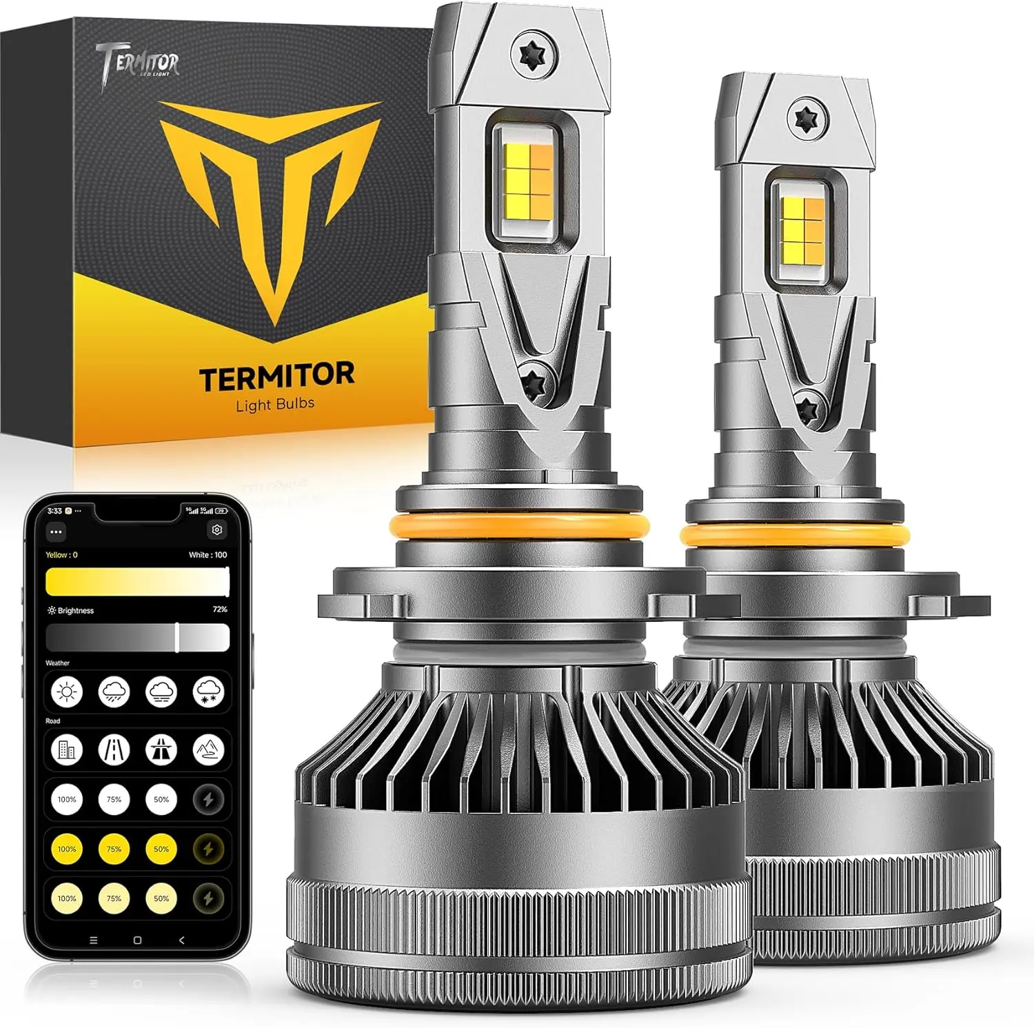 Termitor 9005/HB3 Smart Bulbs, 0-90,000LM 15X Variable Super Brighter, 3000K-6500K Variable Color Temperature, App Control One-touch Driving Mode Switching for Bluetooth Fog Light, Pack of 2