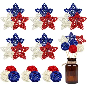 24PCS Star Shaped Rattan Wicker Balls for 4th of July Independence Day Home Decor DIY Spring Vase Filler Ornament Table Decoration