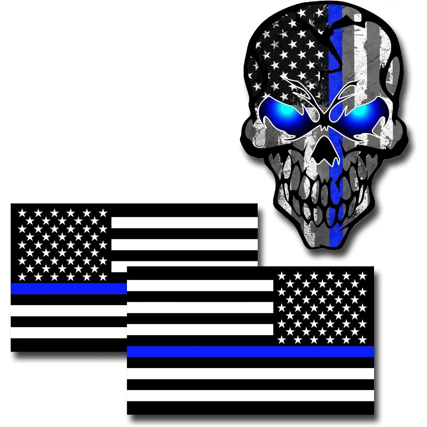 Reflective American Flag Thin Blue Line Sticker, Thin Blue Line Skull Decal, Police Stickers Blue Lives Matter Sticker, Back The Blue Car Decal Law Enforcement Flag Car Bumper Window