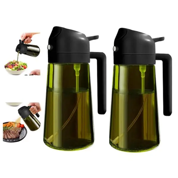 2 Count 16oz 2-in-1 Oil Dispenser for Cooking ,spray or pour,Light-Blocking Dark, Olive Oil Dispenser Bottle for Kitchen, Premium Dark Green Glass Oil Bottle, Food-Grade Oil Mister for Air Fryer, BBQ Organiser Tin Canister sprayer
