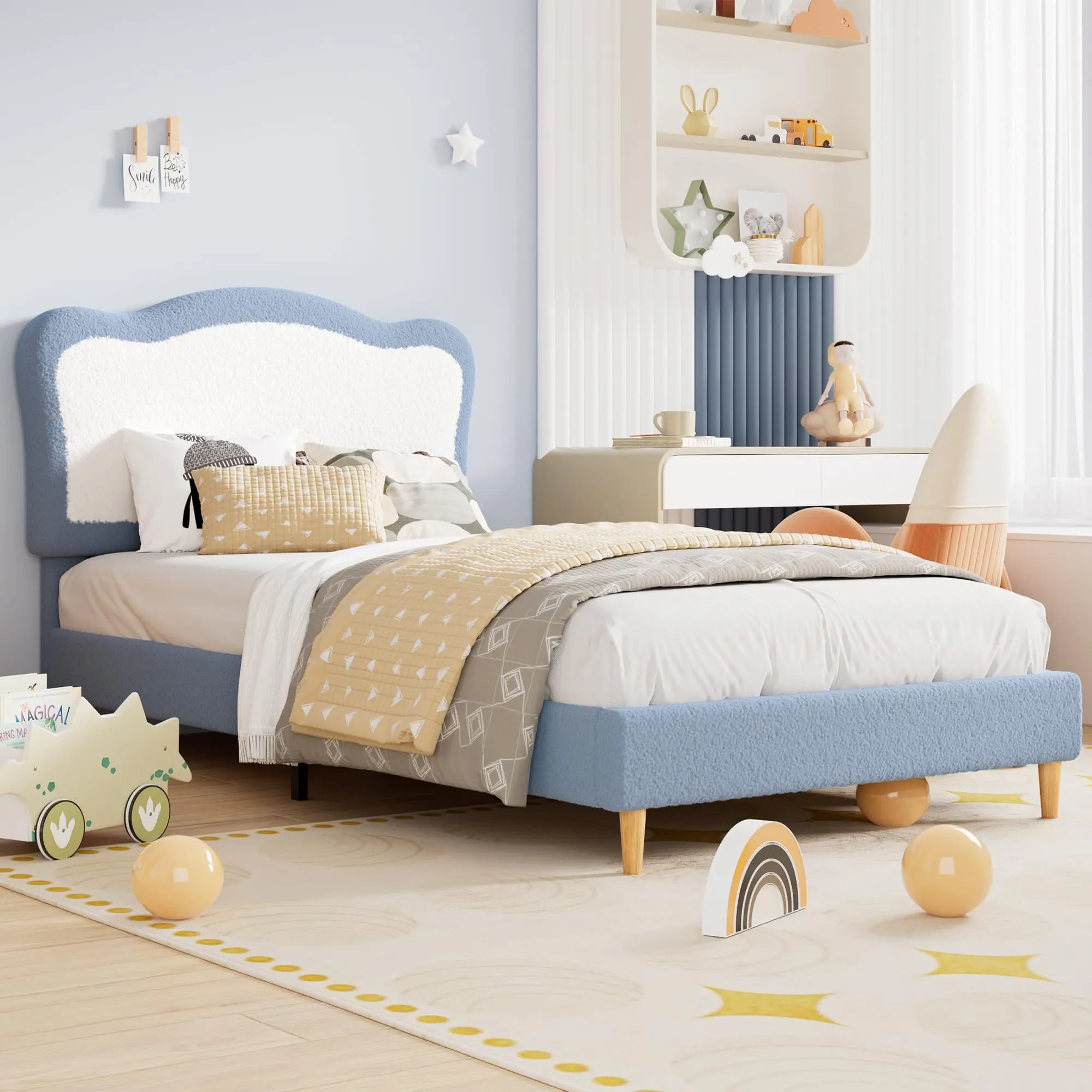Soft Pink and White Round Boucle Teddy Fabric Bed Frame with Round Headboard - 1500 lbs Capacity, Silent Structure, Wood Slats Included, Quick Install, No Box Spring Required, Modern Indoor Furniture, Luxurious Soft Texture