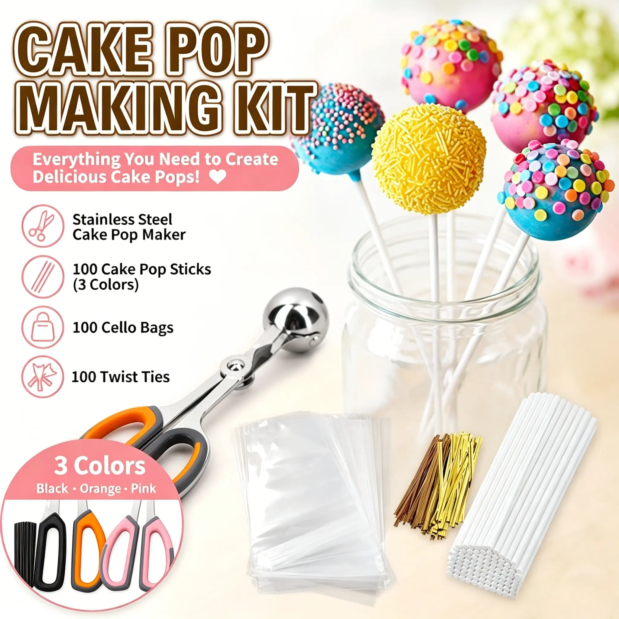 301PCS Pastry Making Accessories Set - 4 Inches Assorted Cake Sticks, Parcel Bags, Twist Ties, 1 Cake Pop Mold Handle Clip for Birthdays, Anniversaries, Afternoon Tea Parties (Candy, Lollipops, Chocolates Making), Family, Graduations