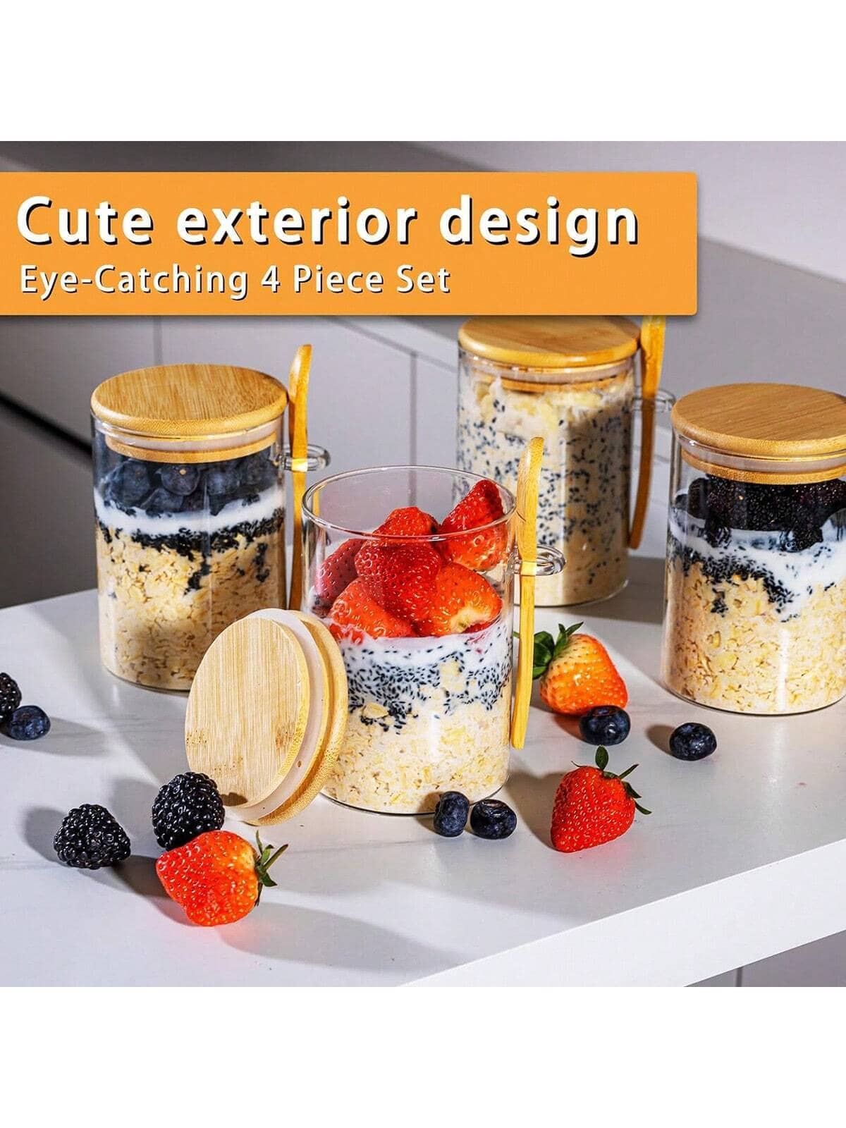 TUMATICLY 8PCS Glass Food Storage Containers (4 Cups   4 Lids), With Lids And Spoons, Overnight Oats Jar With Lid And Spoon Chia Pudding Salad Glass Jar With Lid And Spoon, Bamboo Lid Oatmeal Coffee Flour Bread Starter Storage Container With Lid