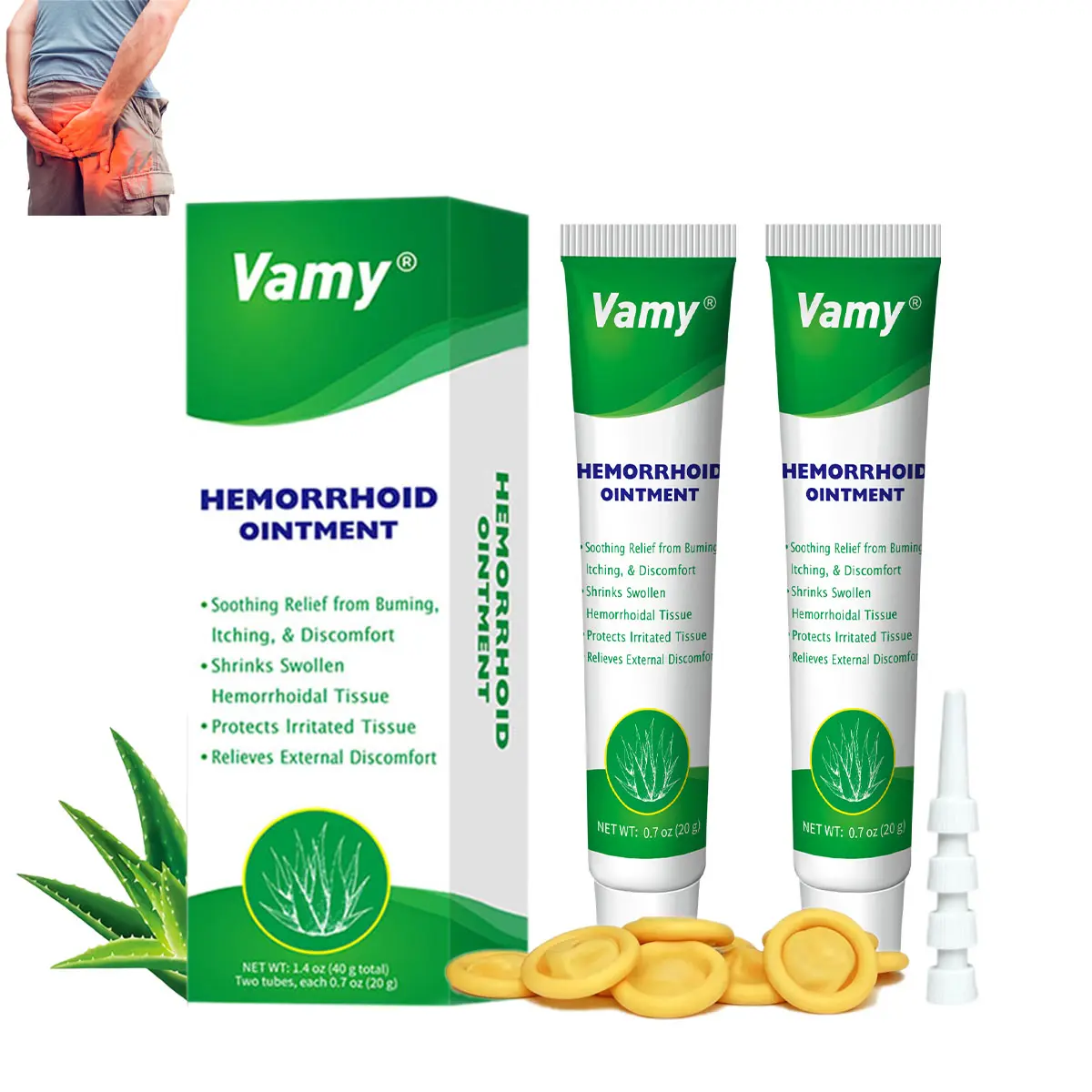 VAMY Unisex Hemorrhoid Treatment Cream - Soothing Aloe-Rich Formula for Skin Irritation, Pain & Itching Relief - For Sensitive Skin, 1.4 oz with Finger Cots, Healthcare, Therapeutic