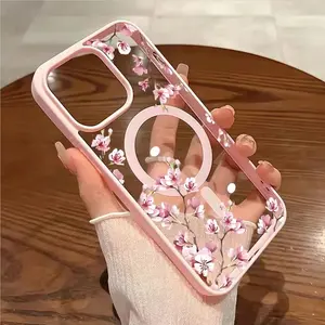 Magnetic Cherry Blossom Pattern Cellphone Casing, Shockproof TPU Cover for iPhone 11-17 Series, Wireless Charging Compatible Handheld Devices Accessories