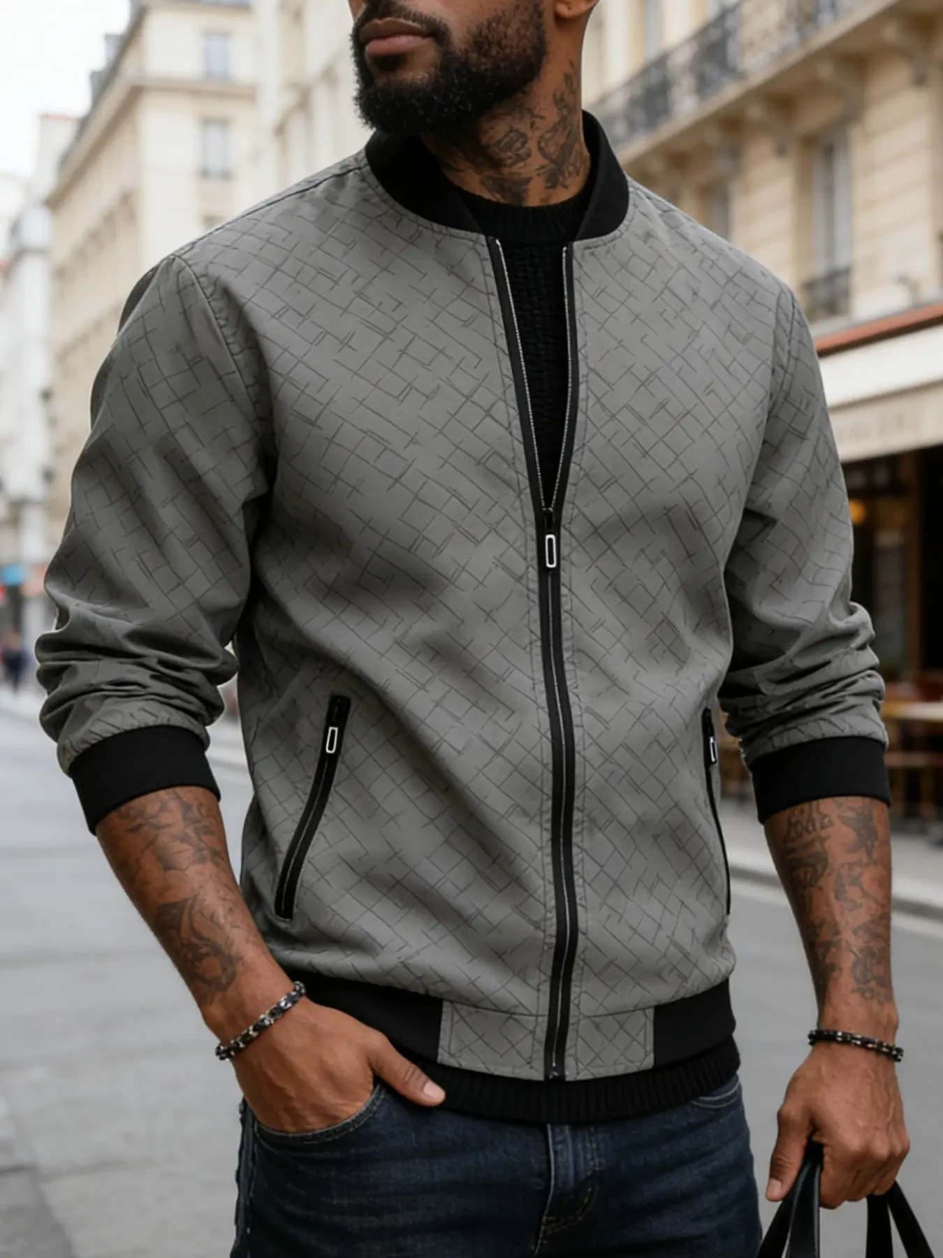 Men's lightweight casual jacket, Coats, with zipper closure and pocket design, baseball collar sports flight jacket, machine washable, 100% polyester fiber, checkered fabric, suitable for daily outings, Spring and Autumn