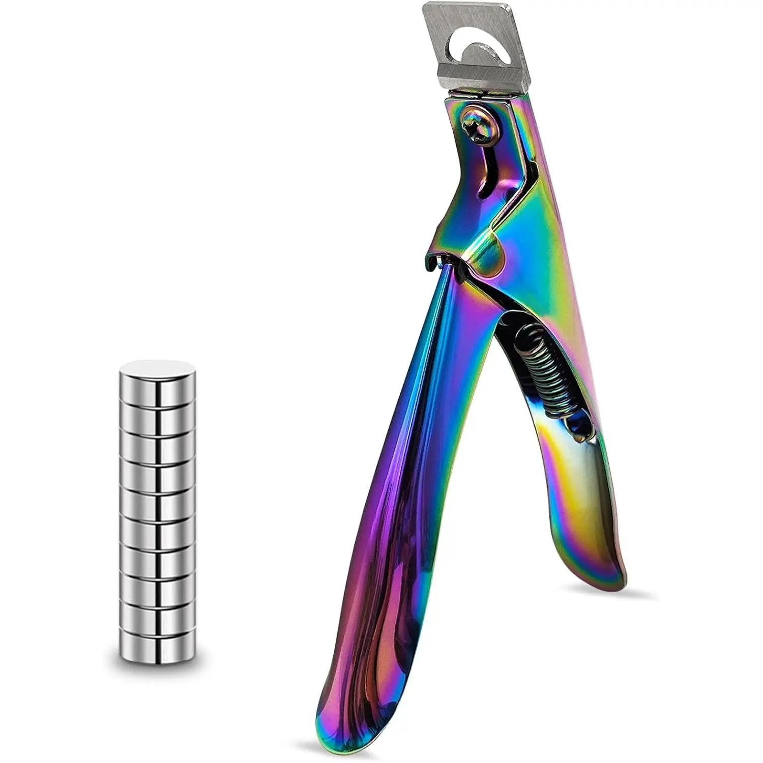 Acrylic Nail Cutter with Magnet Sizer & Length Measurement,Adjustable Stainless Nail Trimmer for Salon Home Nail Art, Professional Nail Clippers for Precise Manicures (Rainbow), All Nail Types, Compact