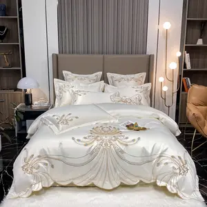 3-Piece Gold Feather Embroidered Decorative Bedding Set, Includes 1 Pc Duvet Cover and 2 Pcs Pillowcases, Soft Silk-Like Top and 120 g Polyester Back, Ultra-Soft All-Season Bedroom Bedding Set