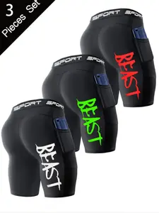 Men's 3-Pack Compression Sports Shorts, Quick-Dry Elastic Waistband Pockets, with Colorful Print, Gym Running Basketball Training